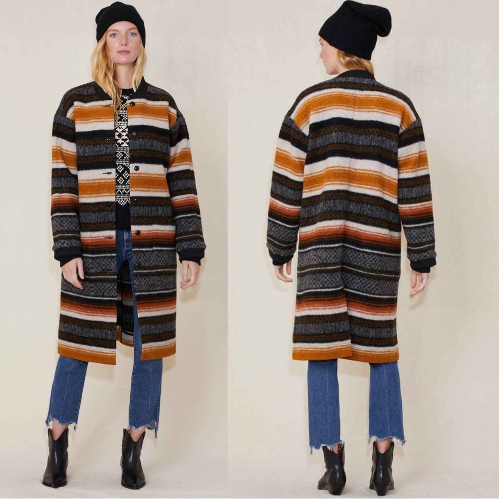 THE GREAT. The Long Bomber Coat Canyon Stripe Wool Blend Size 0/XS